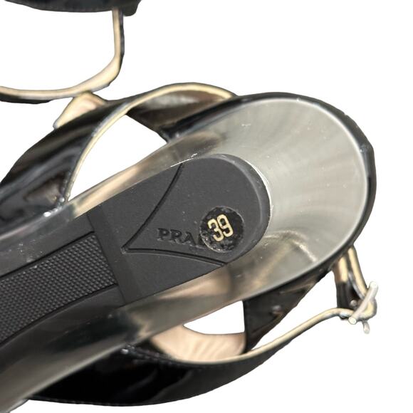 Prada Metallic Silver Black Patent Leather Slingback Wedge Sandal Size 39 / US 9 - Picture 8 of 10